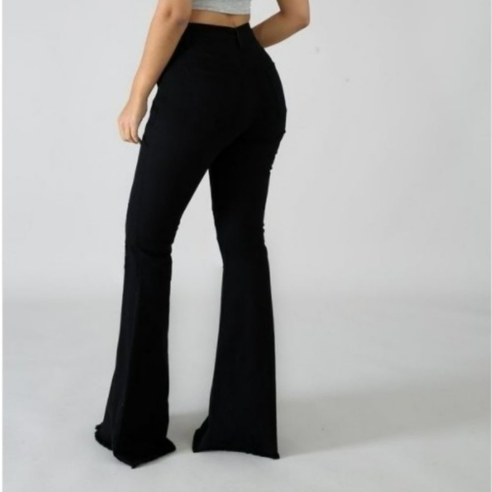 Jeans Flare leg Frayed Bell Bottoms High Waisted Stretch Curve Hugging Black - Picture 5 of 12